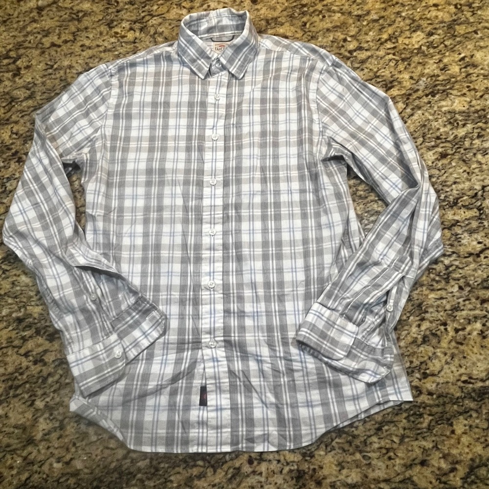 Faherty Brand Mens Small Grey White Plaid Long Sleeve Button Down Shirt